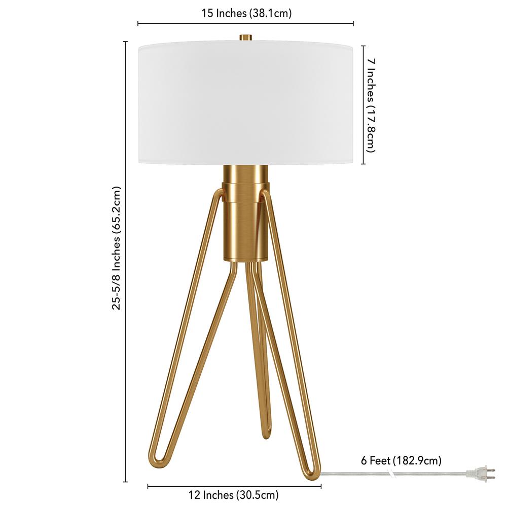 25" Brass Metal Two Light Tripod Table Lamp With White Drum Shade. Picture 6
