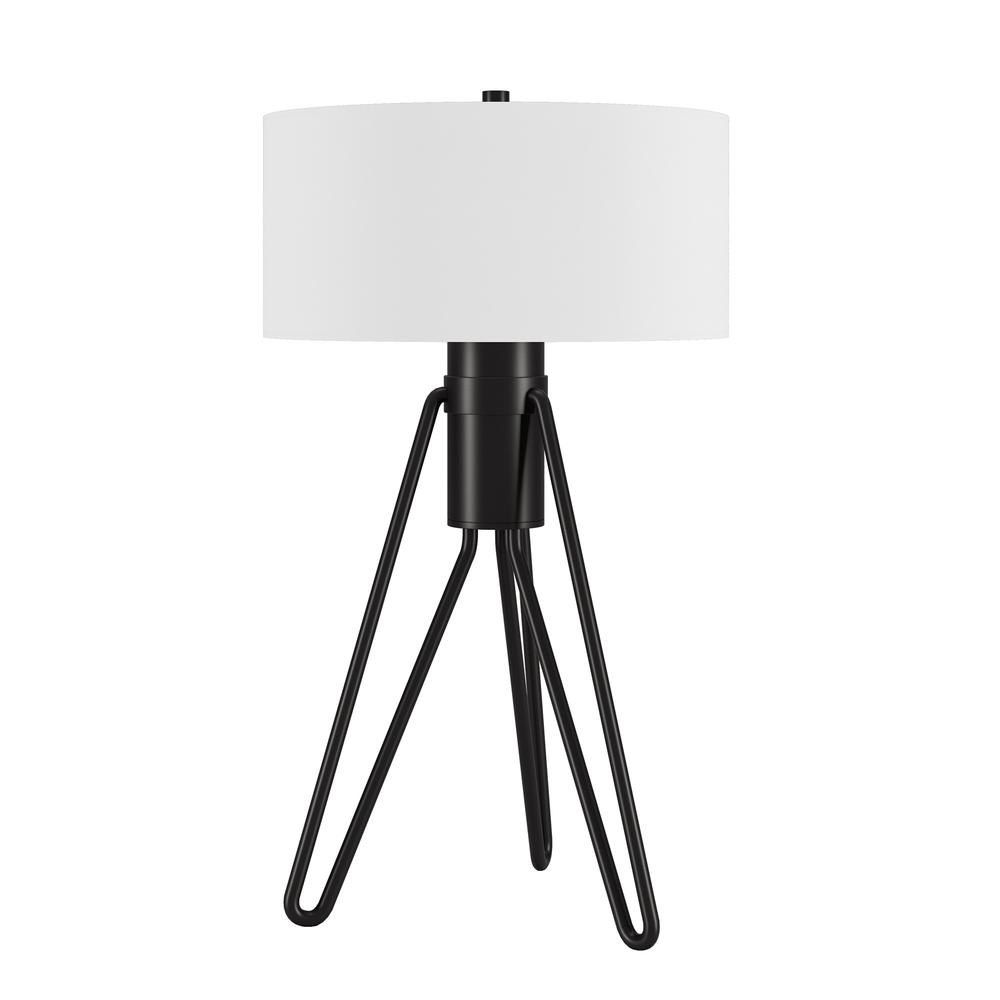 25" Black Metal Two Light Tripod Table Lamp With White Drum Shade. Picture 1