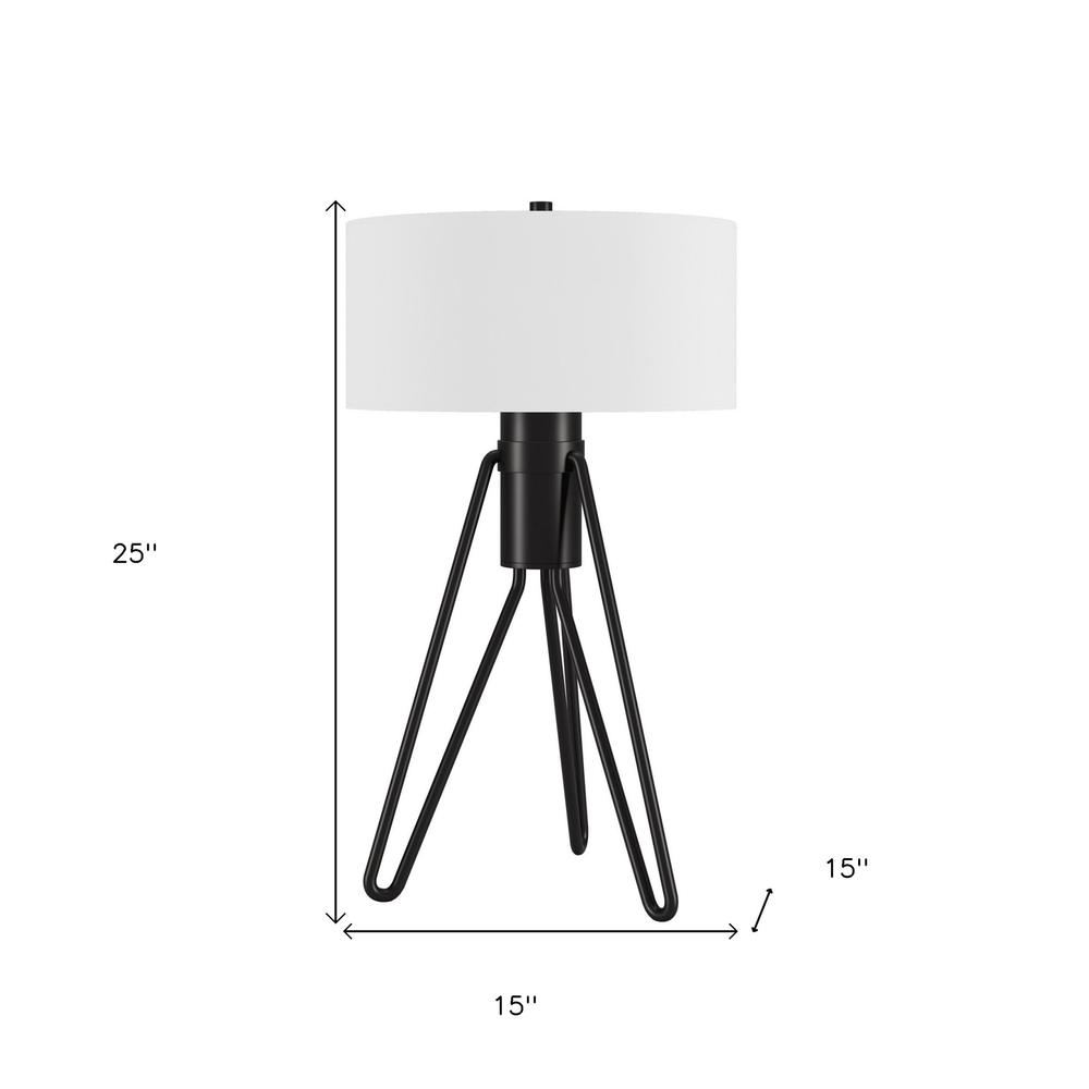 25" Black Metal Two Light Tripod Table Lamp With White Drum Shade. Picture 6