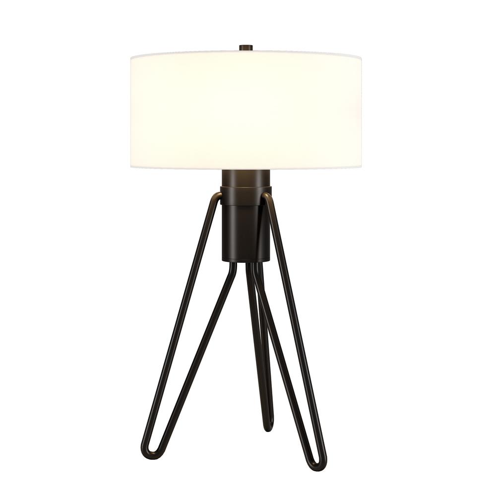 25" Black Metal Two Light Tripod Table Lamp With White Drum Shade. Picture 2