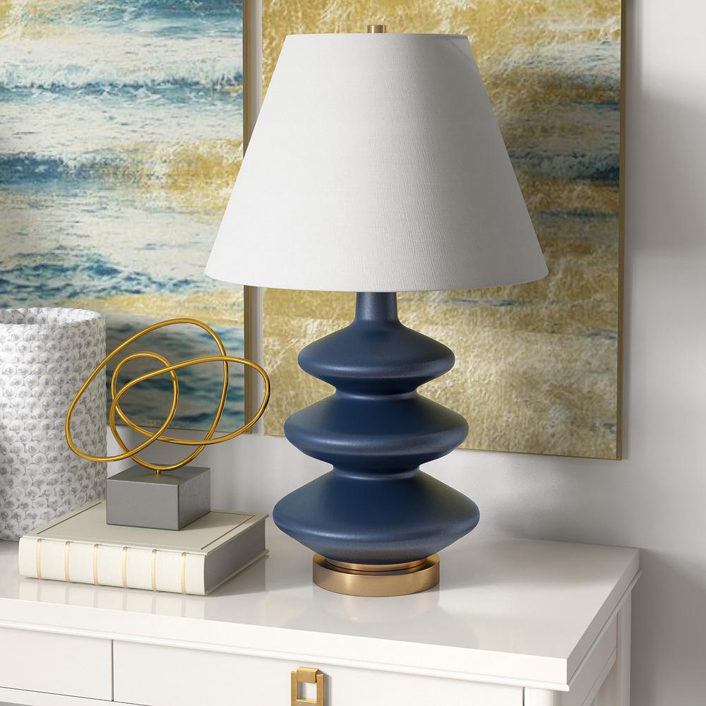 26" Blue and Gold Glass Table Lamp With White Empire Shade. Picture 4