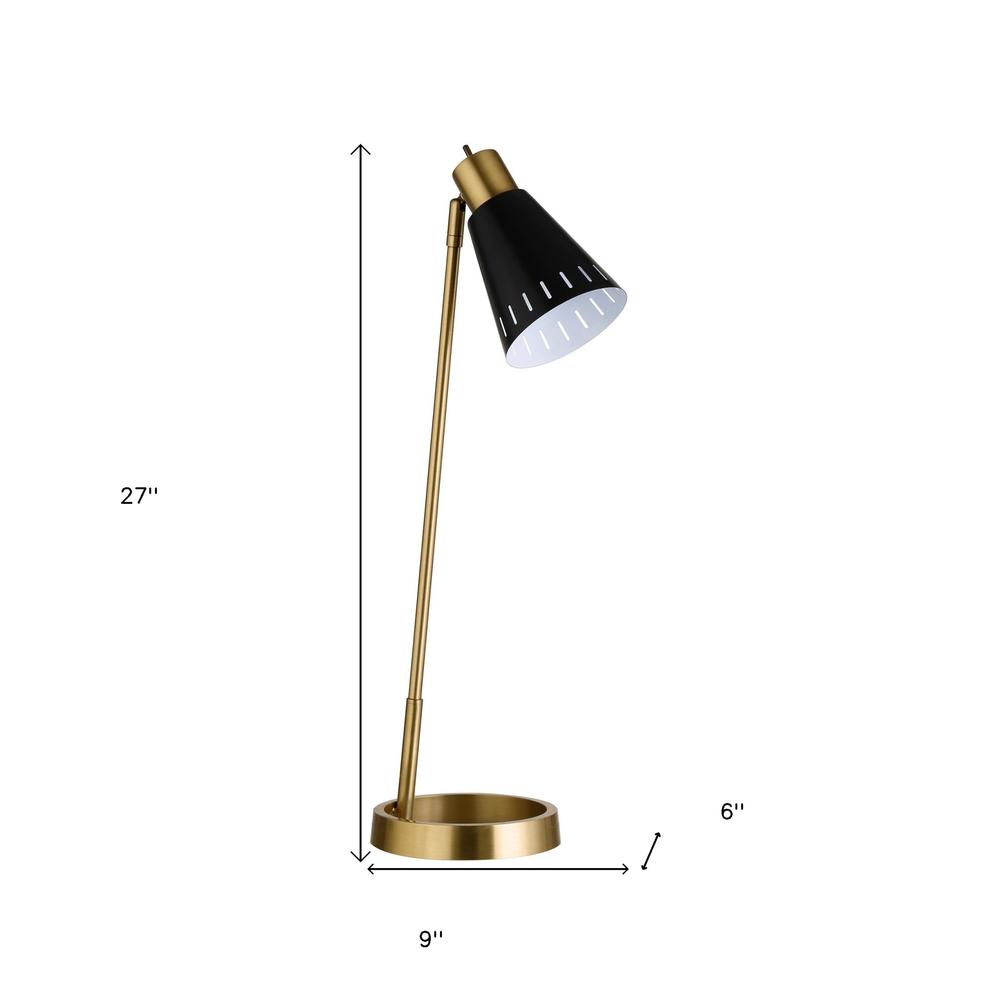 27" Brass Metal Desk Table Lamp With Black Cone Shade. Picture 6