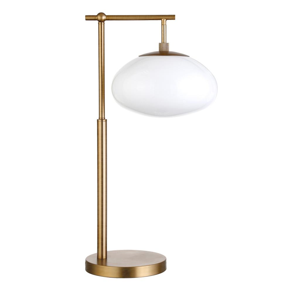 25" Brass Metal Arched Table Lamp With White Globe Shade. Picture 1