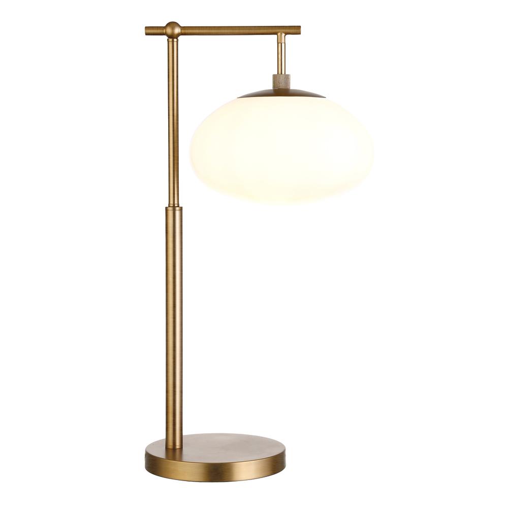 25" Brass Metal Arched Table Lamp With White Globe Shade. Picture 2