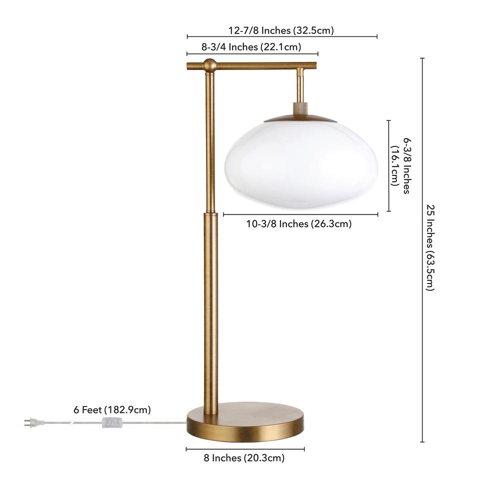 25" Brass Metal Arched Table Lamp With White Globe Shade. Picture 8