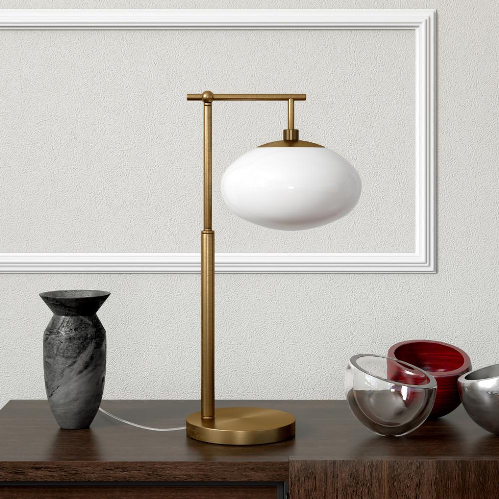 25" Brass Metal Arched Table Lamp With White Globe Shade. Picture 6