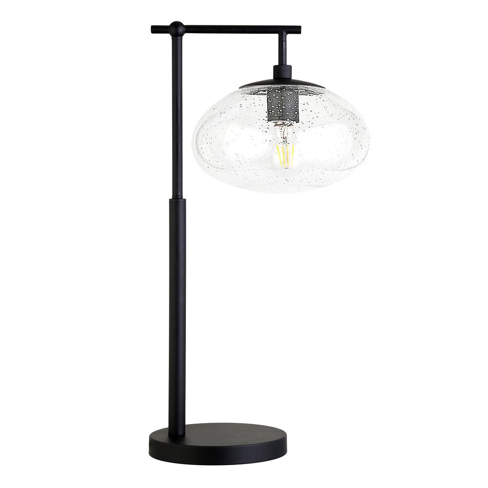 25" Black Metal Arched Table Lamp With Clear Seeded Globe Shade. Picture 1
