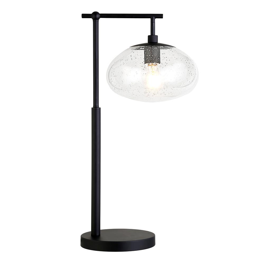 25" Black Metal Arched Table Lamp With Clear Seeded Globe Shade. Picture 2