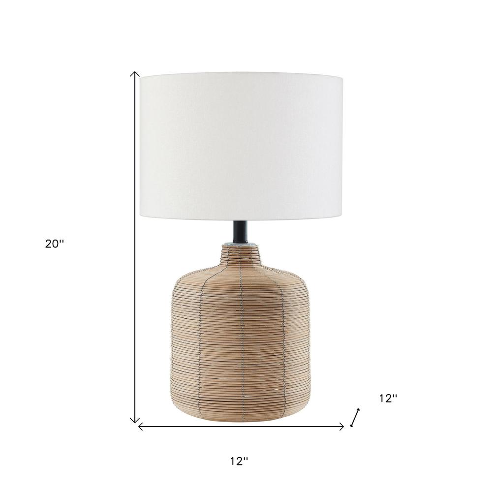 20" Natural Rattan Table Lamp With White Drum Shade. Picture 6