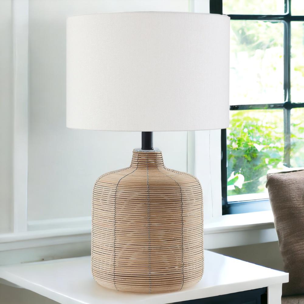 20" Natural Rattan Table Lamp With White Drum Shade. Picture 3