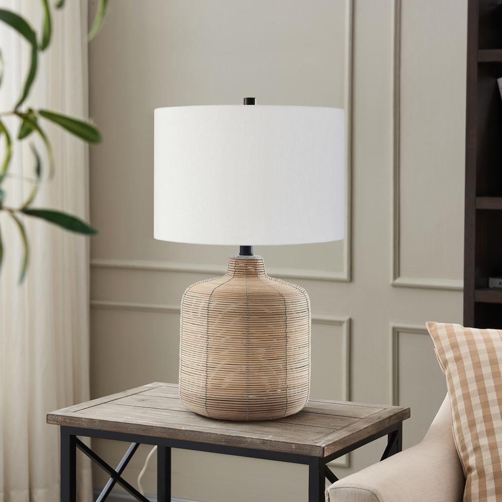 20" Natural Rattan Table Lamp With White Drum Shade. Picture 4