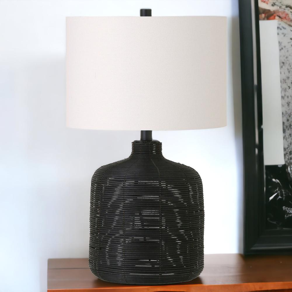 20" Black Rattan Table Lamp With White Drum Shade. Picture 3
