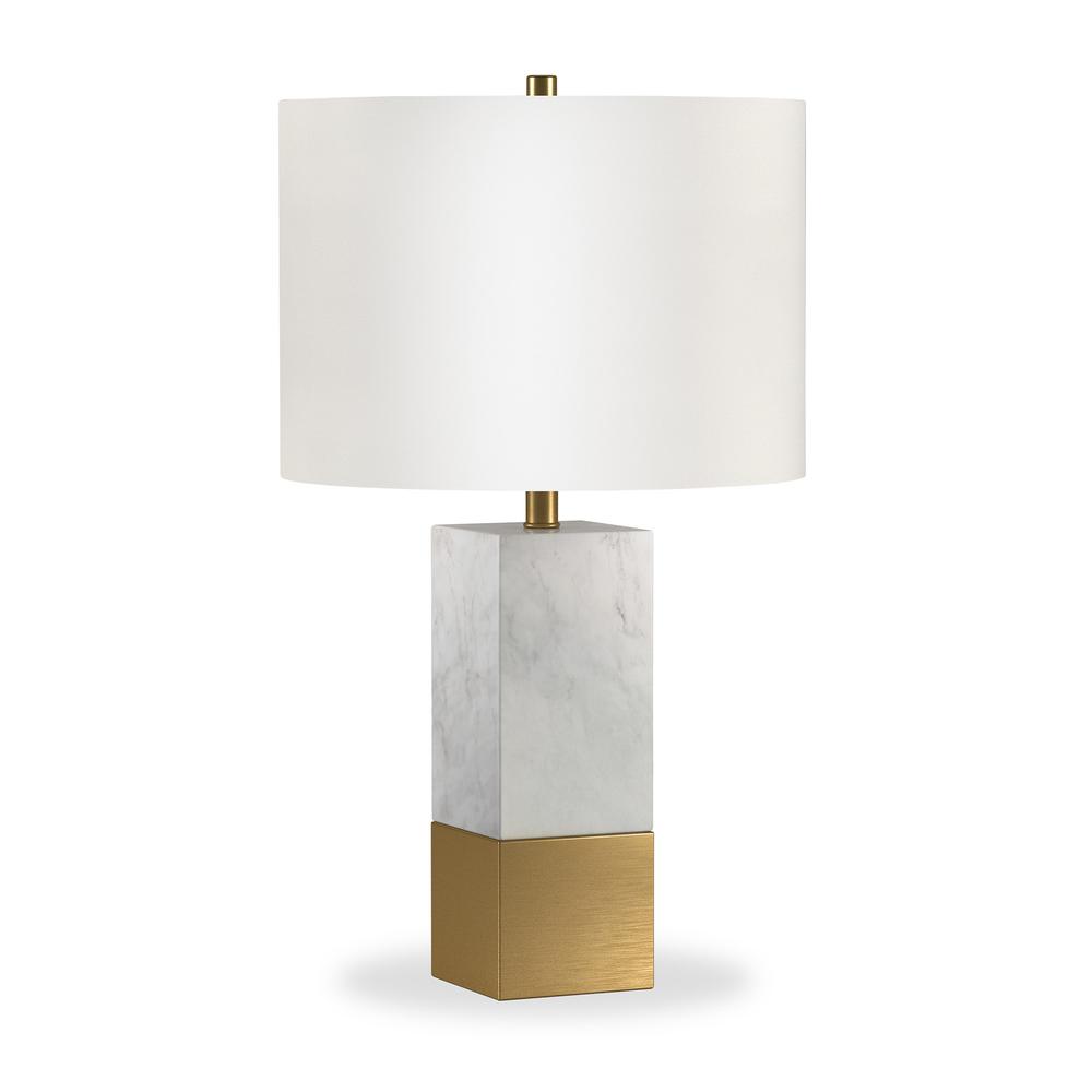 21" Gold and White Marble Table Lamp With White Drum Shade. Picture 1