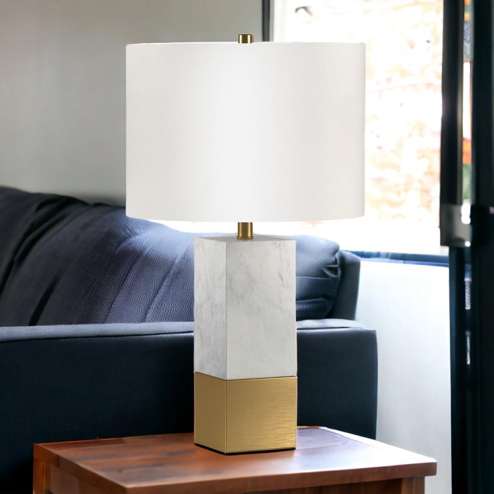 21" Gold and White Marble Table Lamp With White Drum Shade. Picture 3