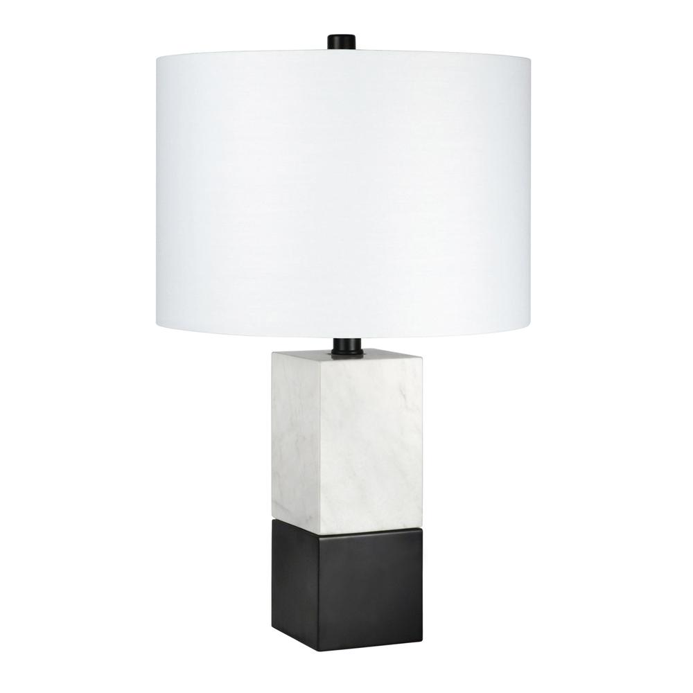 21" Black and White Marble Table Lamp With White Drum Shade. Picture 1