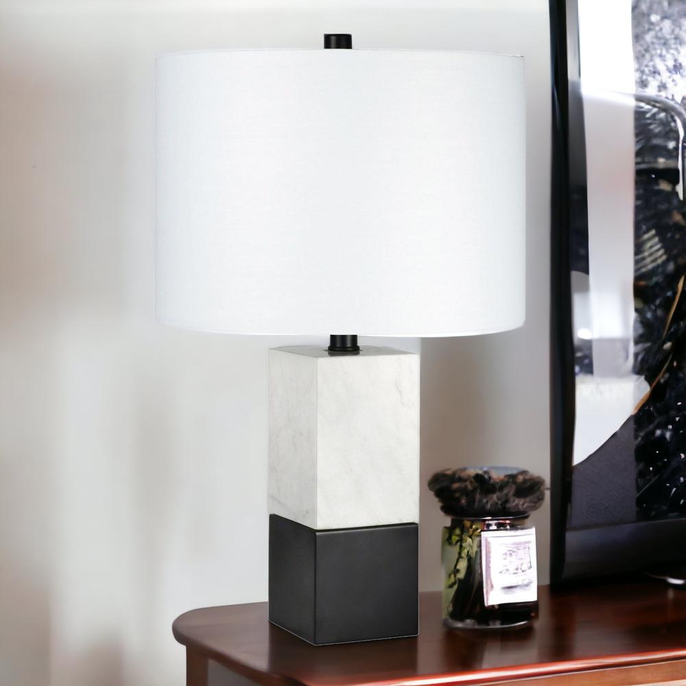 21" Black and White Marble Table Lamp With White Drum Shade. Picture 3