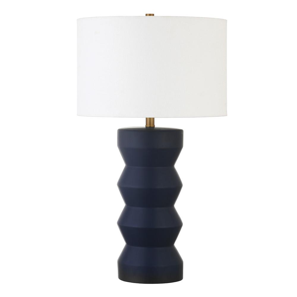 28" Navy Blue Ceramic Table Lamp With White Drum Shade. Picture 1