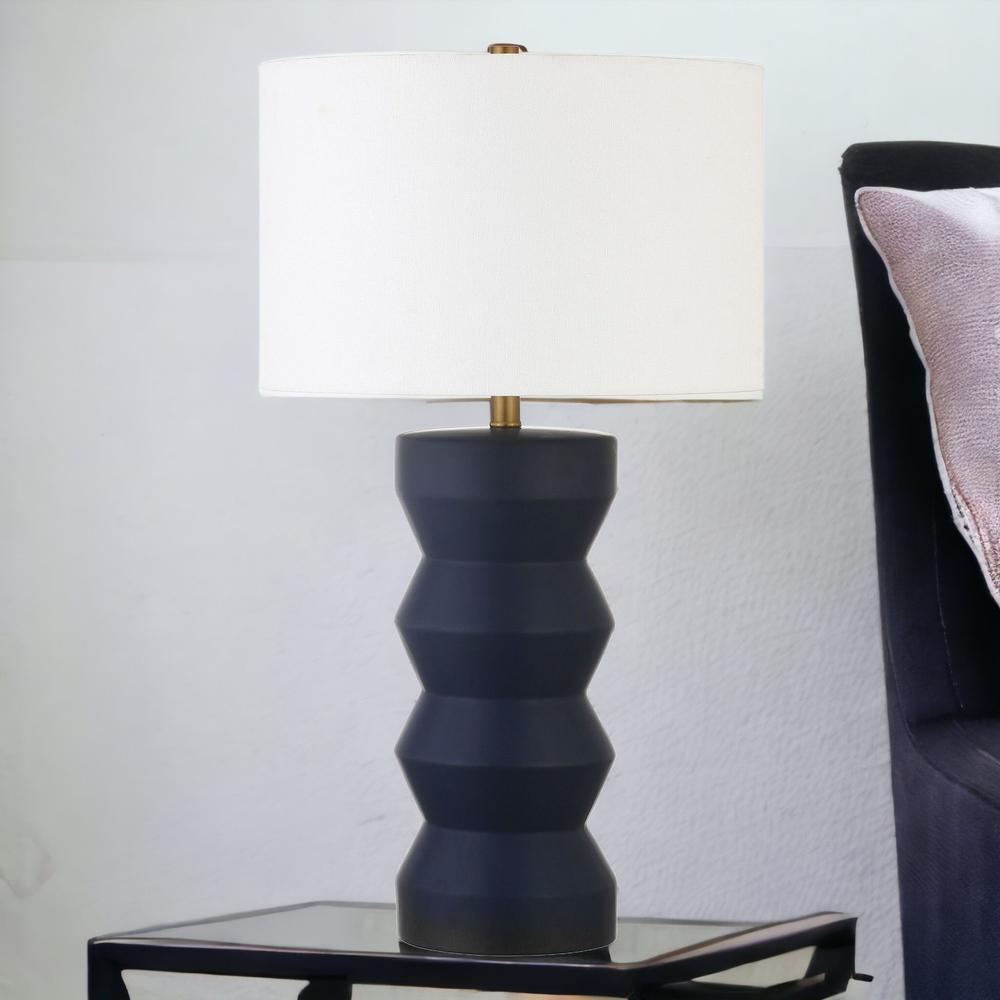 28" Navy Blue Ceramic Table Lamp With White Drum Shade. Picture 3