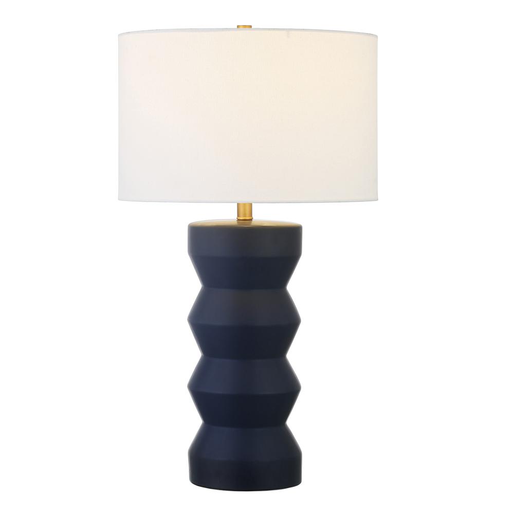 28" Navy Blue Ceramic Table Lamp With White Drum Shade. Picture 2
