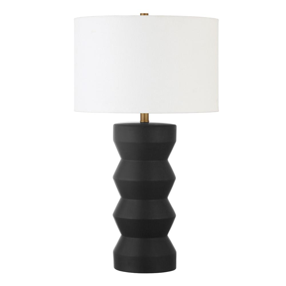 28" Black Ceramic Table Lamp With White Drum Shade. Picture 1