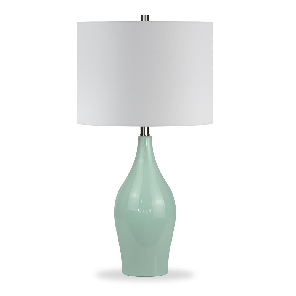 28" Teal Blue Porcelain Table Lamp With White Drum Shade. Picture 1