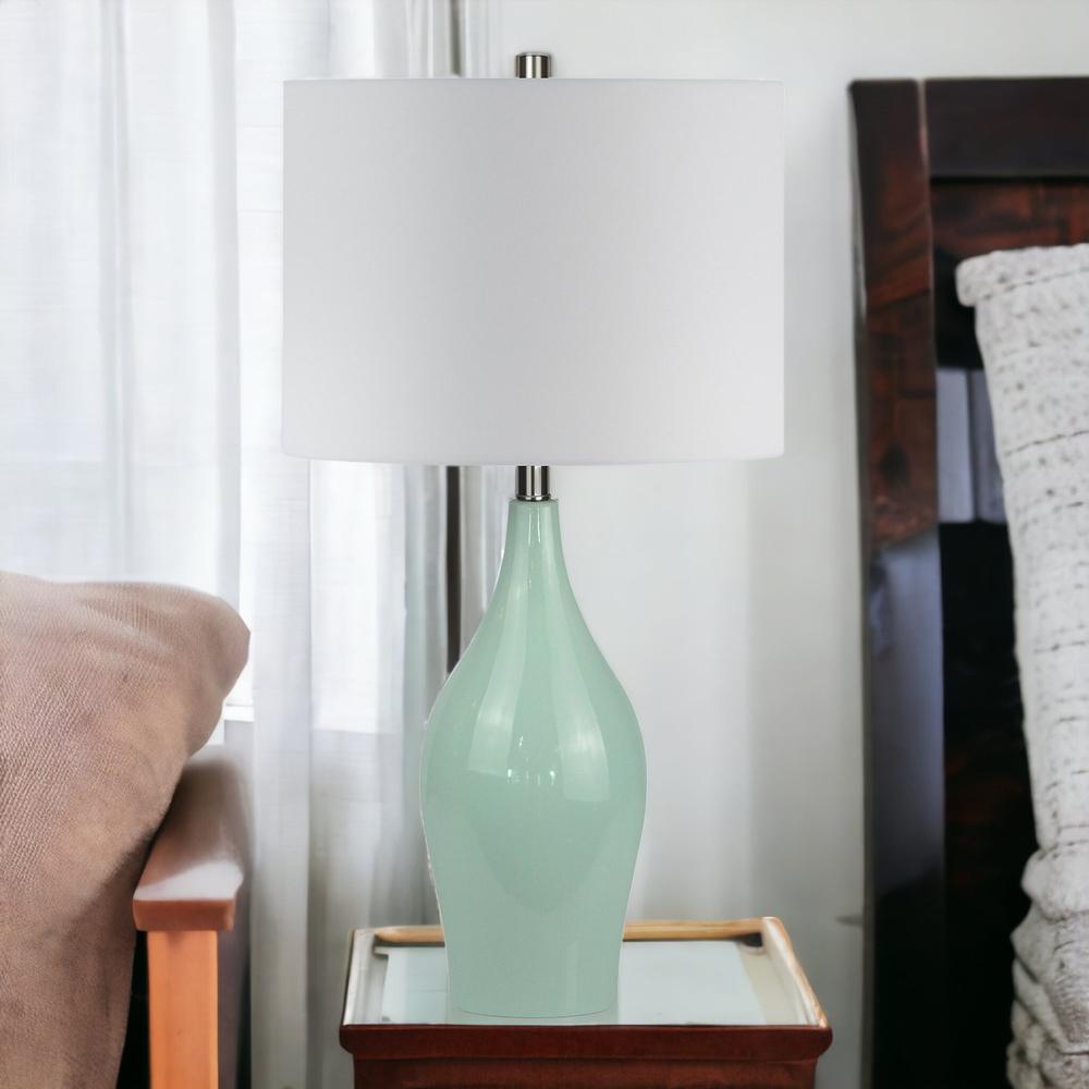 28" Teal Blue Porcelain Table Lamp With White Drum Shade. Picture 3