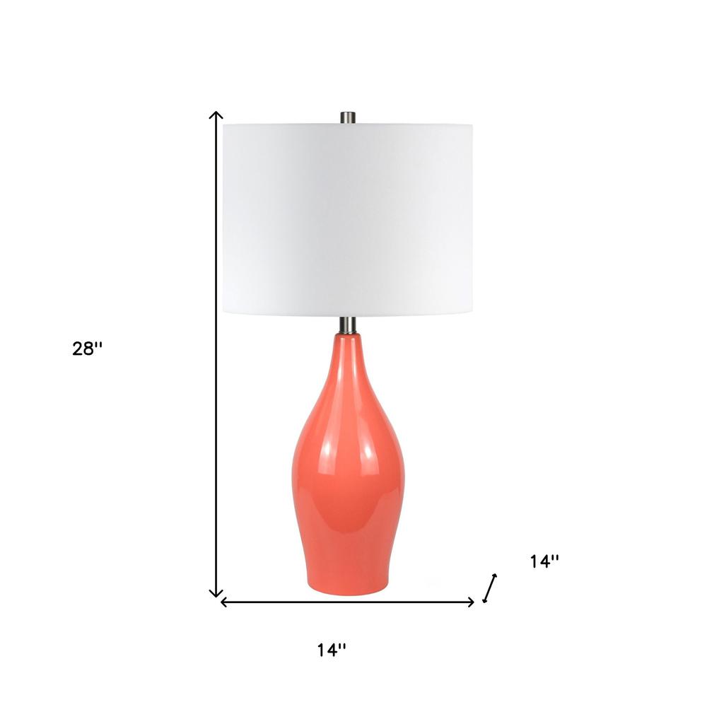 28" Coral Porcelain Table Lamp With White Drum Shade. Picture 7