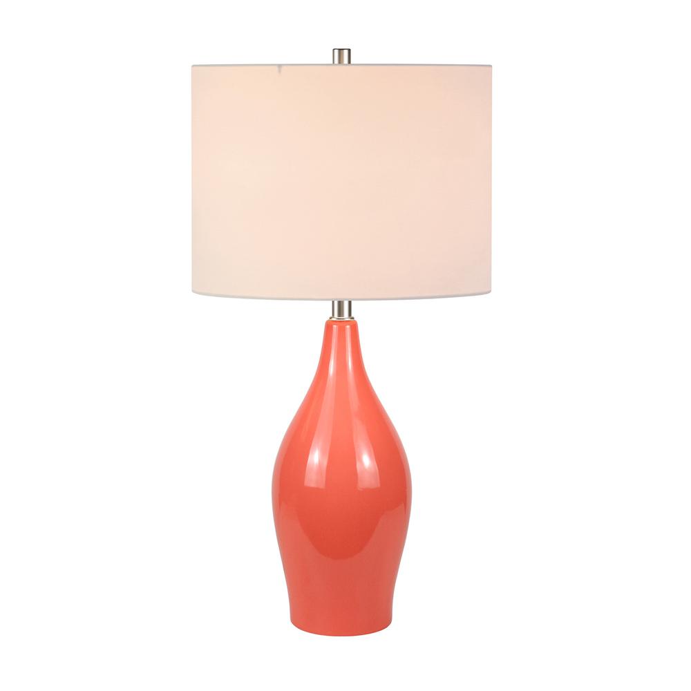 28" Coral Porcelain Table Lamp With White Drum Shade. Picture 2