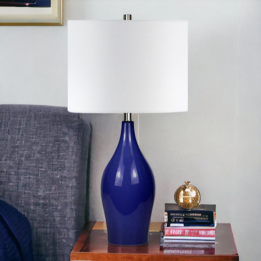 28" Navy Blue Porcelain Table Lamp With White Drum Shade. Picture 3