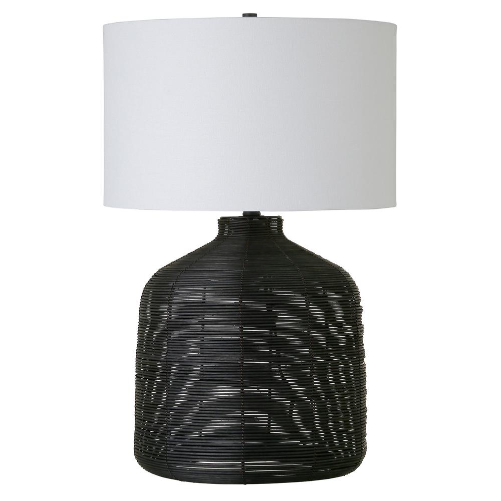 27" Black Rattan Table Lamp With White Drum Shade. Picture 1