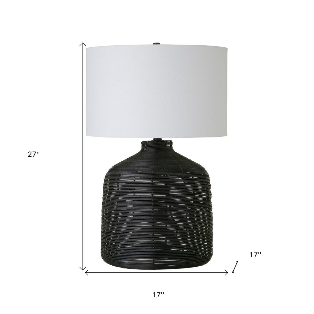 27" Black Rattan Table Lamp With White Drum Shade. Picture 6