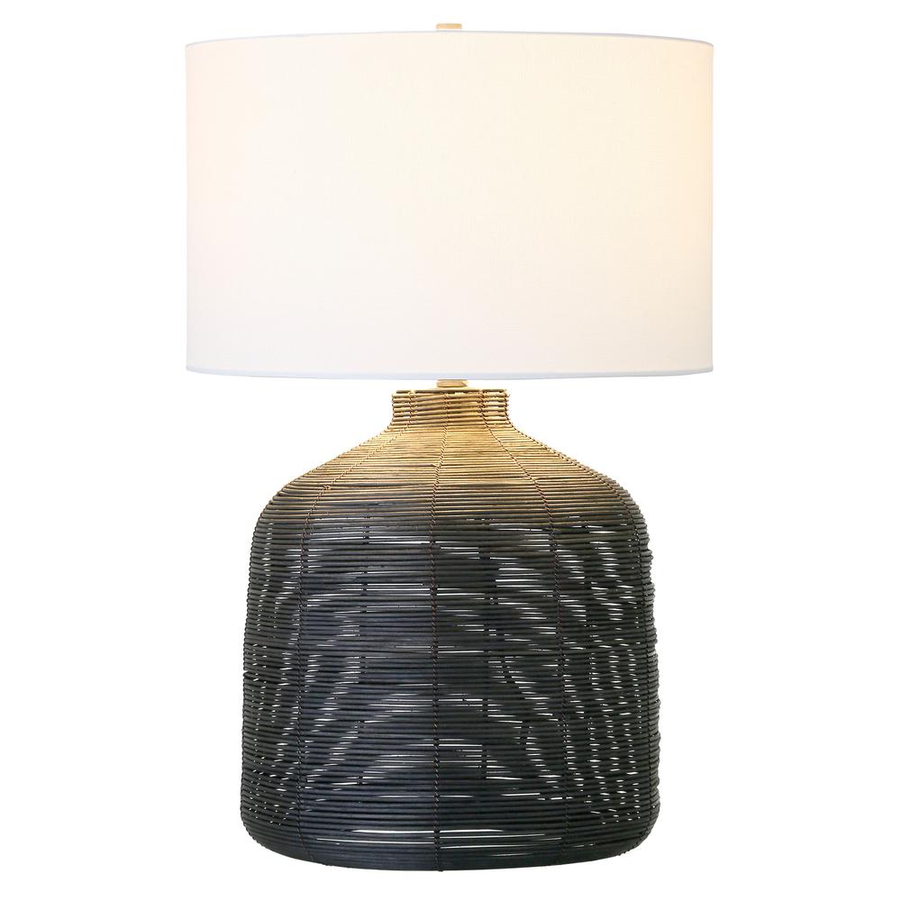 27" Black Rattan Table Lamp With White Drum Shade. Picture 2