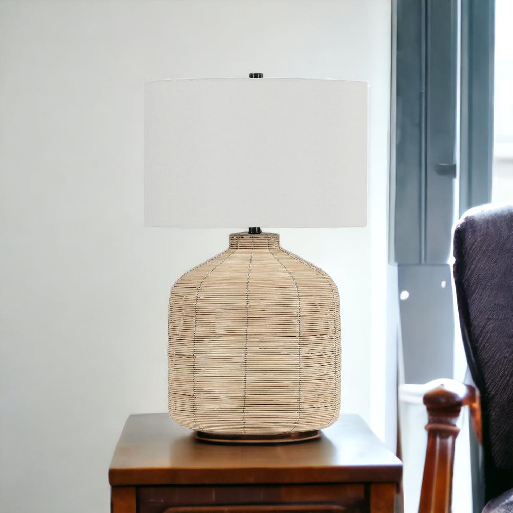 27" Natural Rattan Table Lamp With White Drum Shade. Picture 3