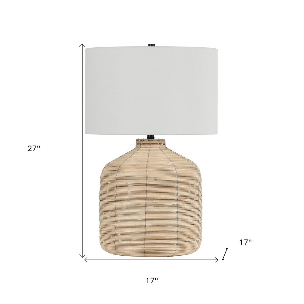 27" Natural Rattan Table Lamp With White Drum Shade. Picture 6