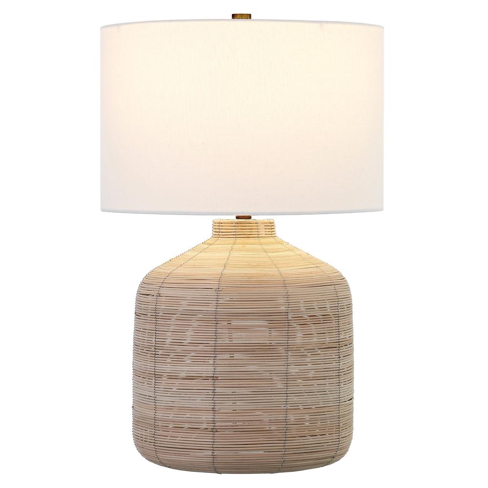 27" Natural Rattan Table Lamp With White Drum Shade. Picture 2