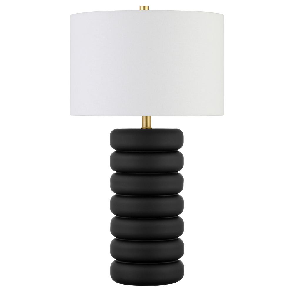 25" Black Ceramic Table Lamp With White Drum Shade. Picture 1
