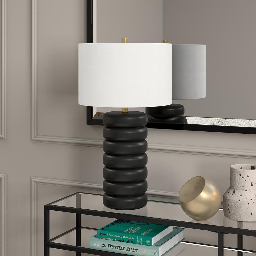 25" Black Ceramic Table Lamp With White Drum Shade. Picture 4