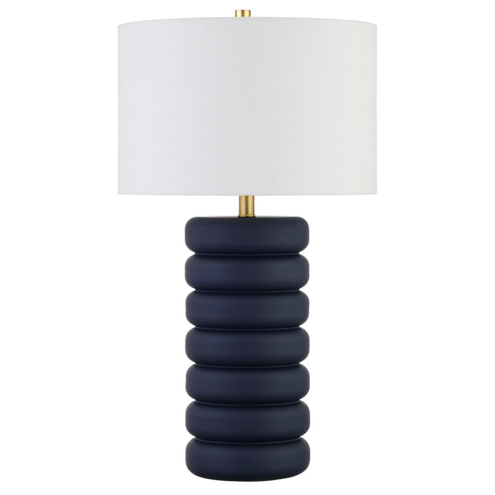 25" Navy Blue Ceramic Table Lamp With White Drum Shade. Picture 1