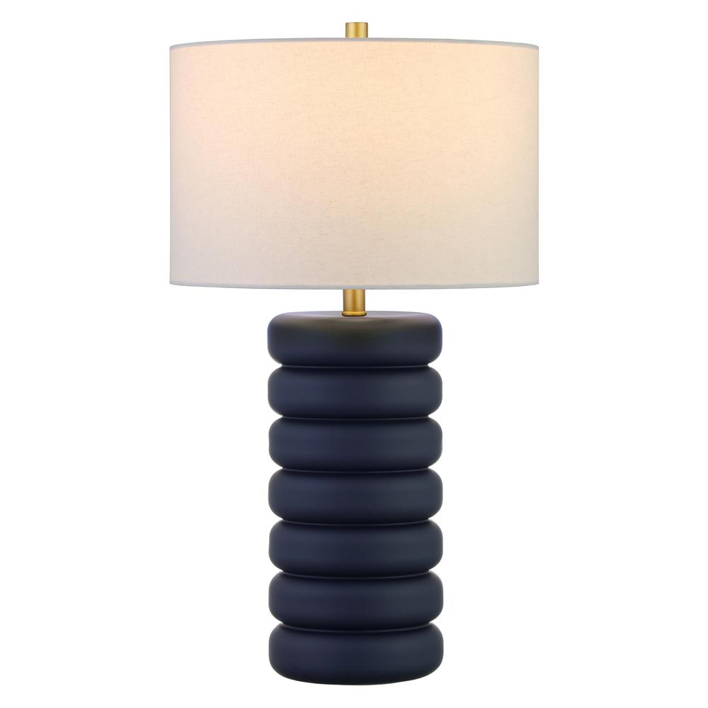 25" Navy Blue Ceramic Table Lamp With White Drum Shade. Picture 2