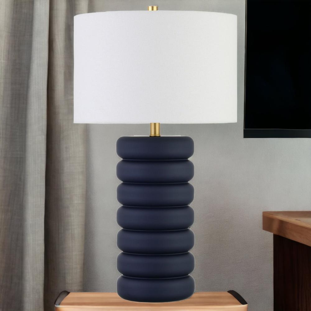 25" Navy Blue Ceramic Table Lamp With White Drum Shade. Picture 3
