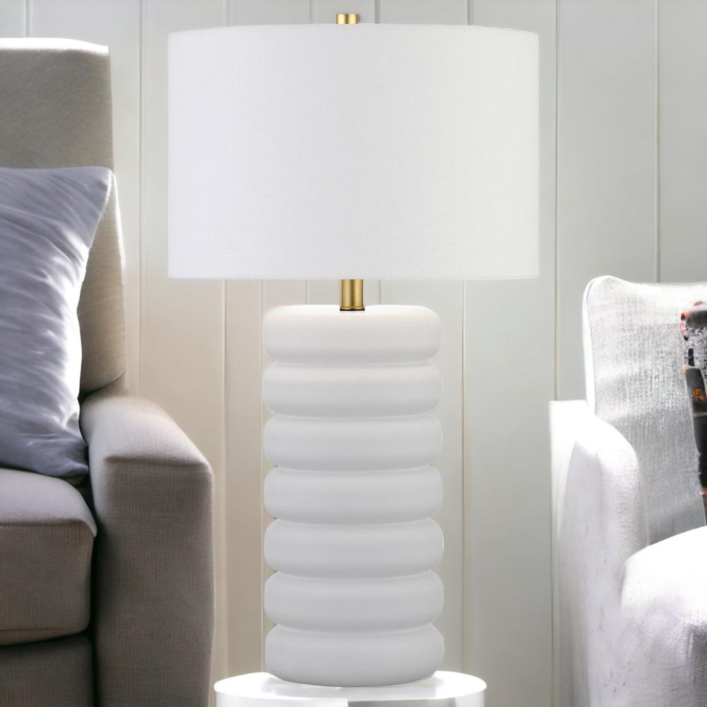 25" White Ceramic Table Lamp With White Drum Shade. Picture 3