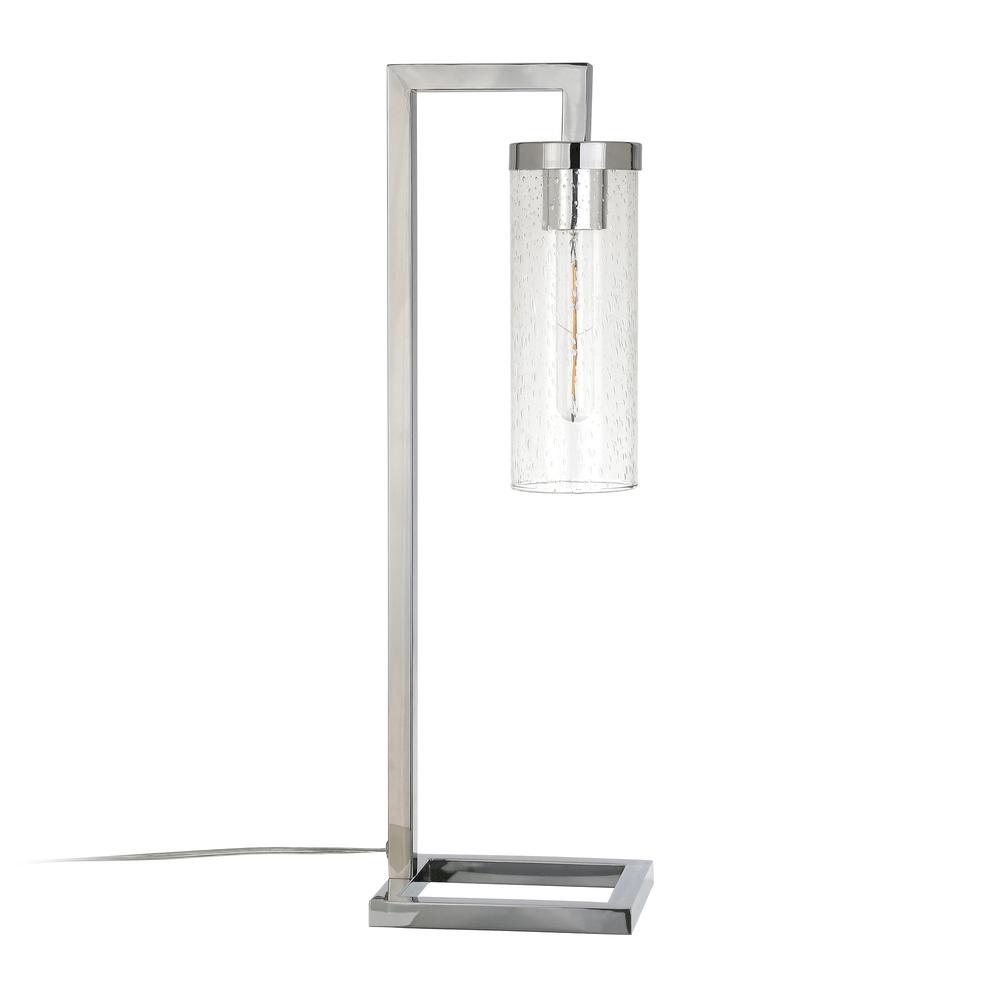 26" Nickel Metal Arched Table Lamp With Clear Seeded Cylinder Shade. Picture 2