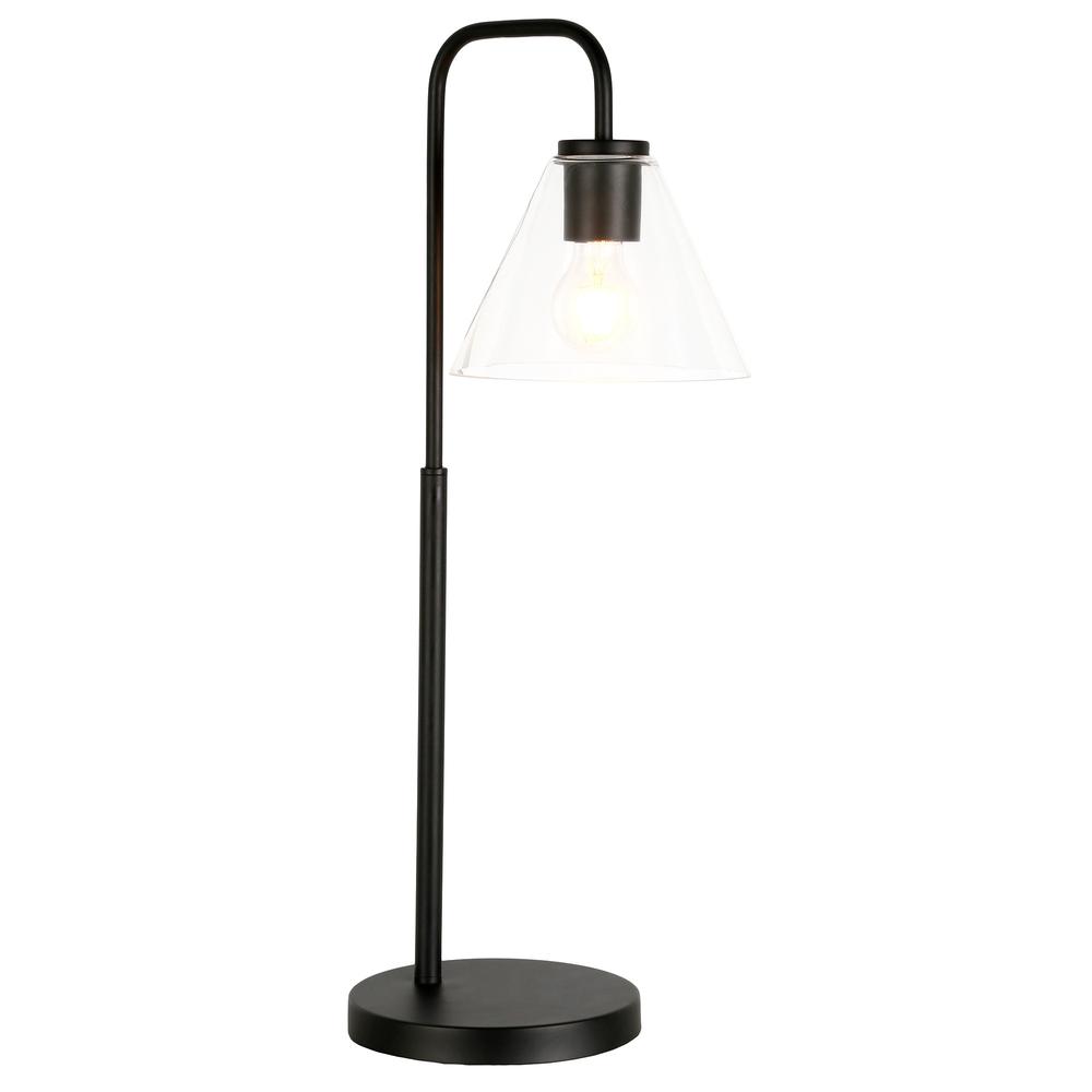 27" Black Metal Arched Table Lamp With Clear Cone Shade. Picture 2