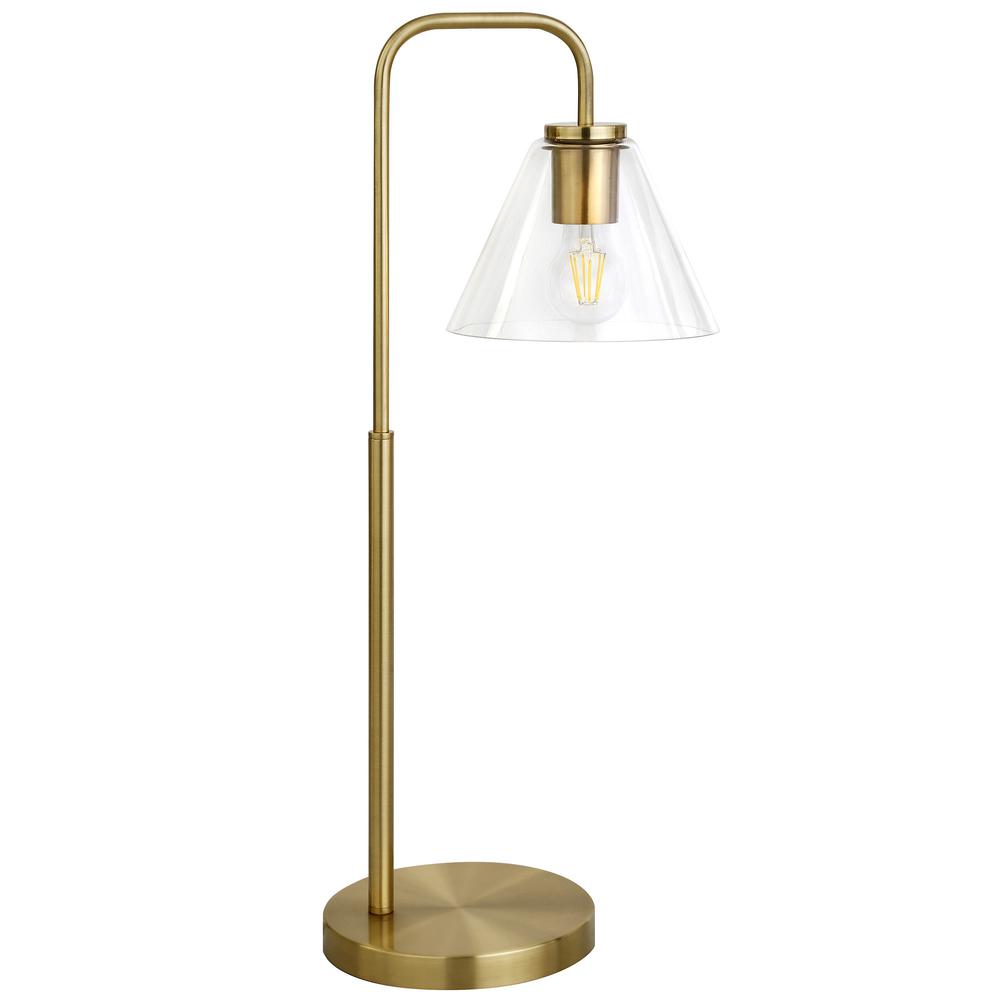 27" Brass Metal Arched Table Lamp With Clear Cone Shade. Picture 1