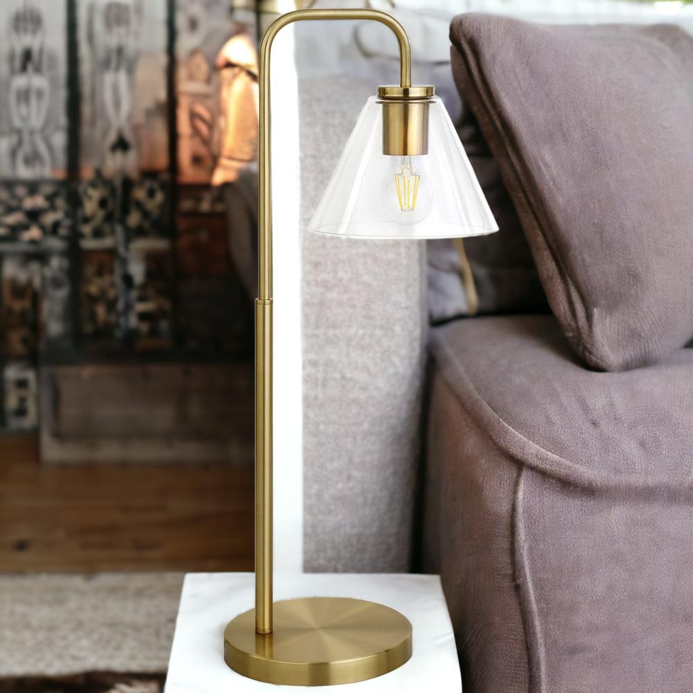 27" Brass Metal Arched Table Lamp With Clear Cone Shade. Picture 3