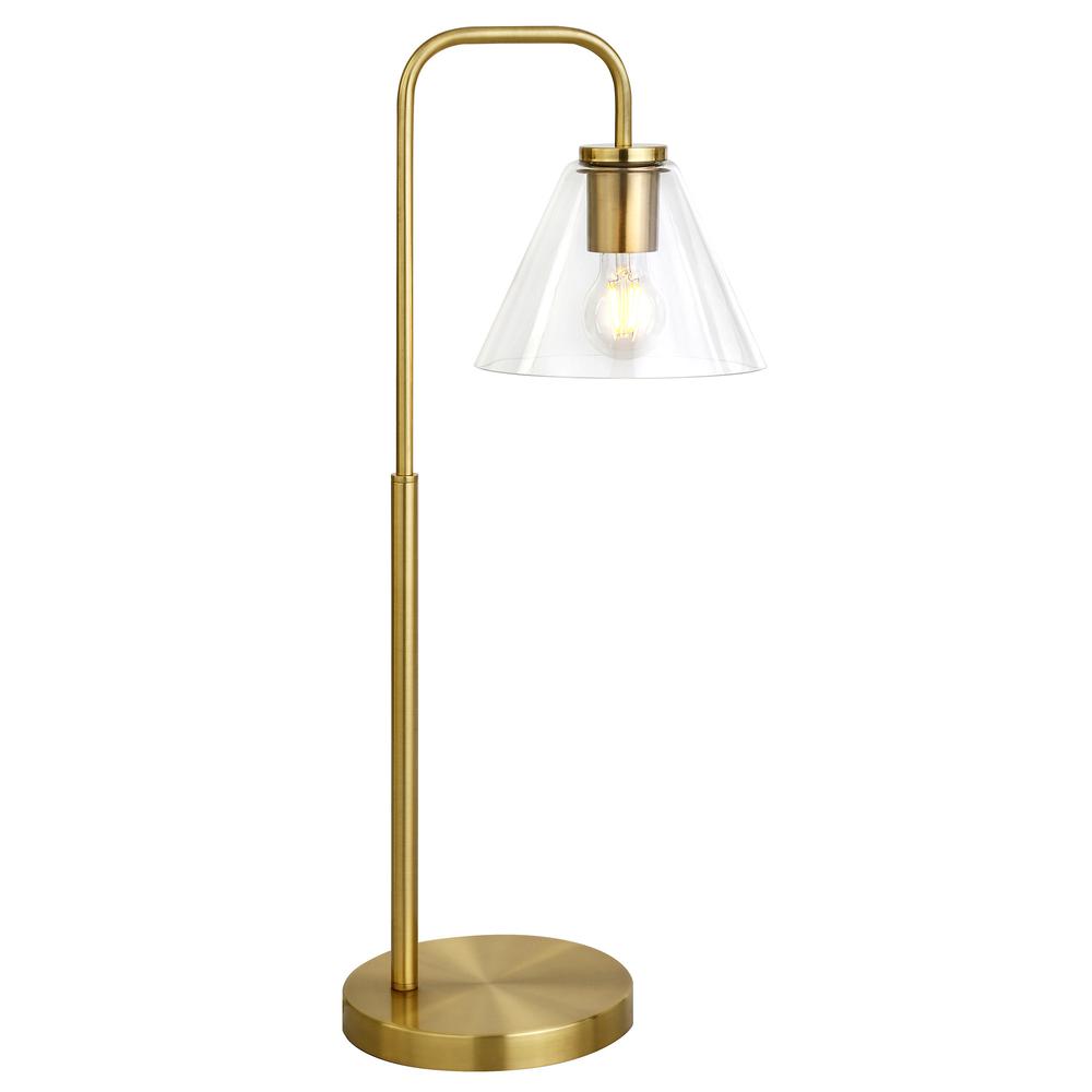 27" Brass Metal Arched Table Lamp With Clear Cone Shade. Picture 2
