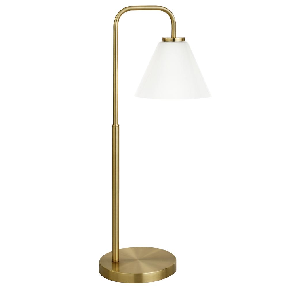 27" Brass Metal Arched Table Lamp With White Cone Shade. Picture 1
