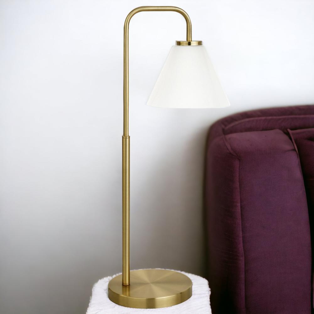27" Brass Metal Arched Table Lamp With White Cone Shade. Picture 3
