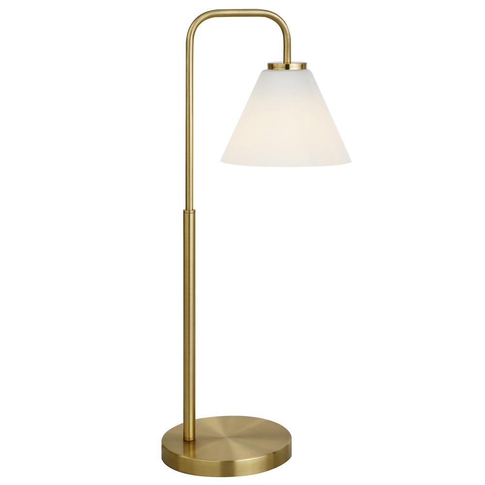 27" Brass Metal Arched Table Lamp With White Cone Shade. Picture 2
