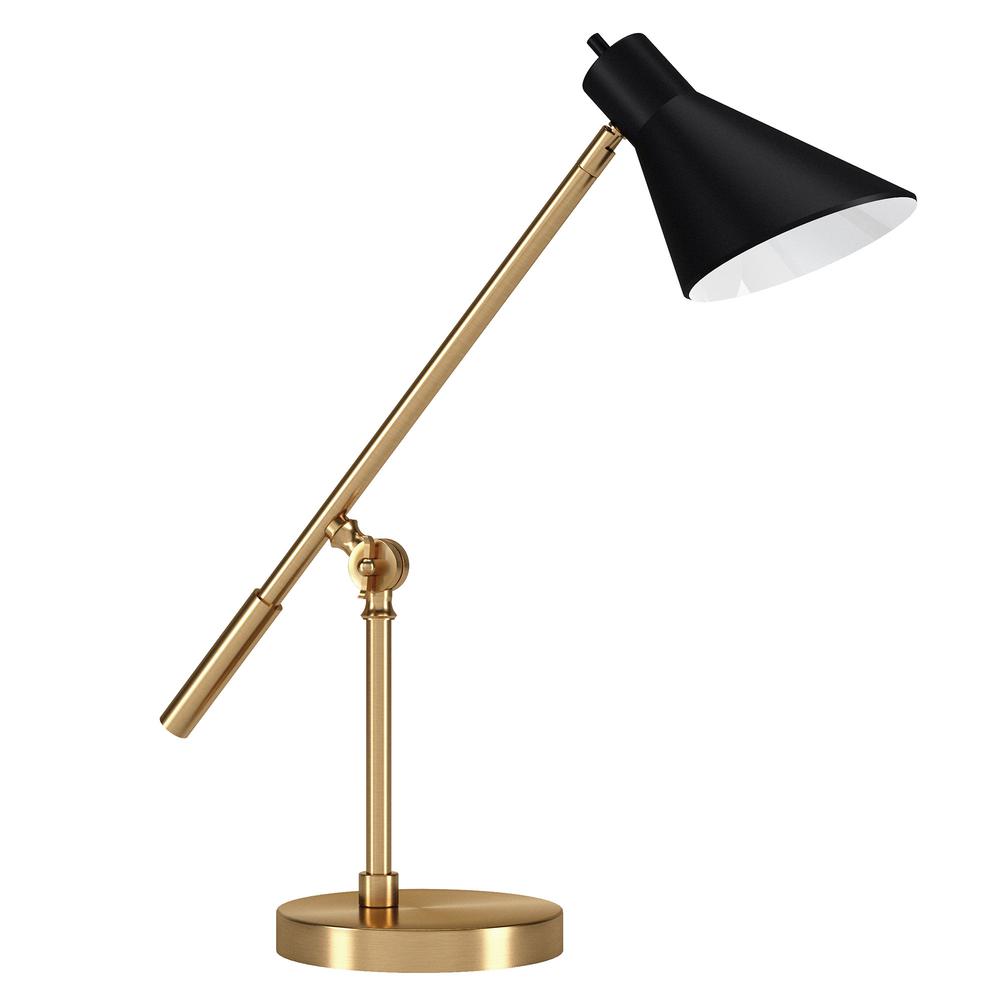 22" Brass Metal Desk Table Lamp With Black Cone Shade. Picture 1